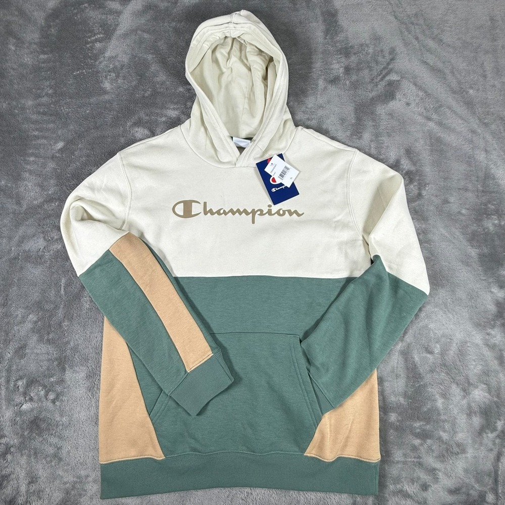Champion NWT Youth Size XL 18/20 Green/Bone/Tan Color Block Pullover Hoodie